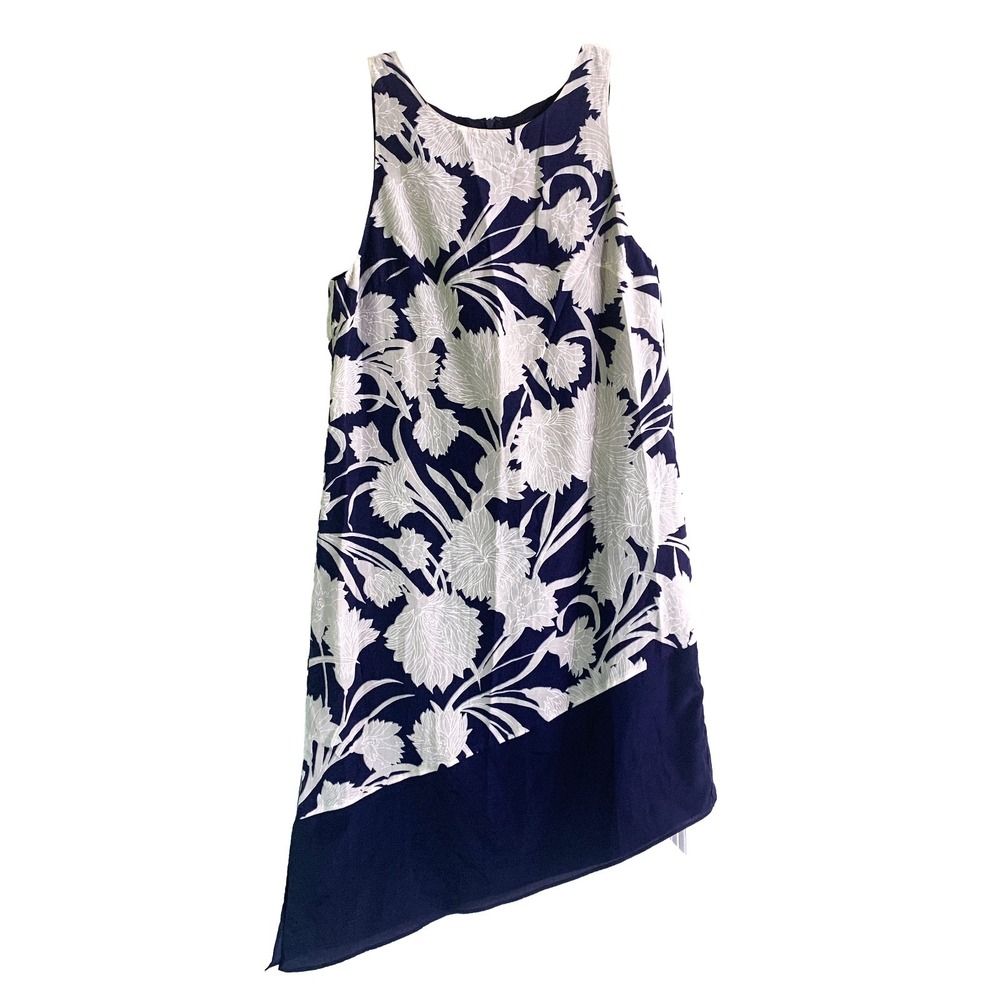 Club Monaco‎ Silk Shift Dress Sz 2 Navy Taupe Floral Asymetrical Hem Sleeveless